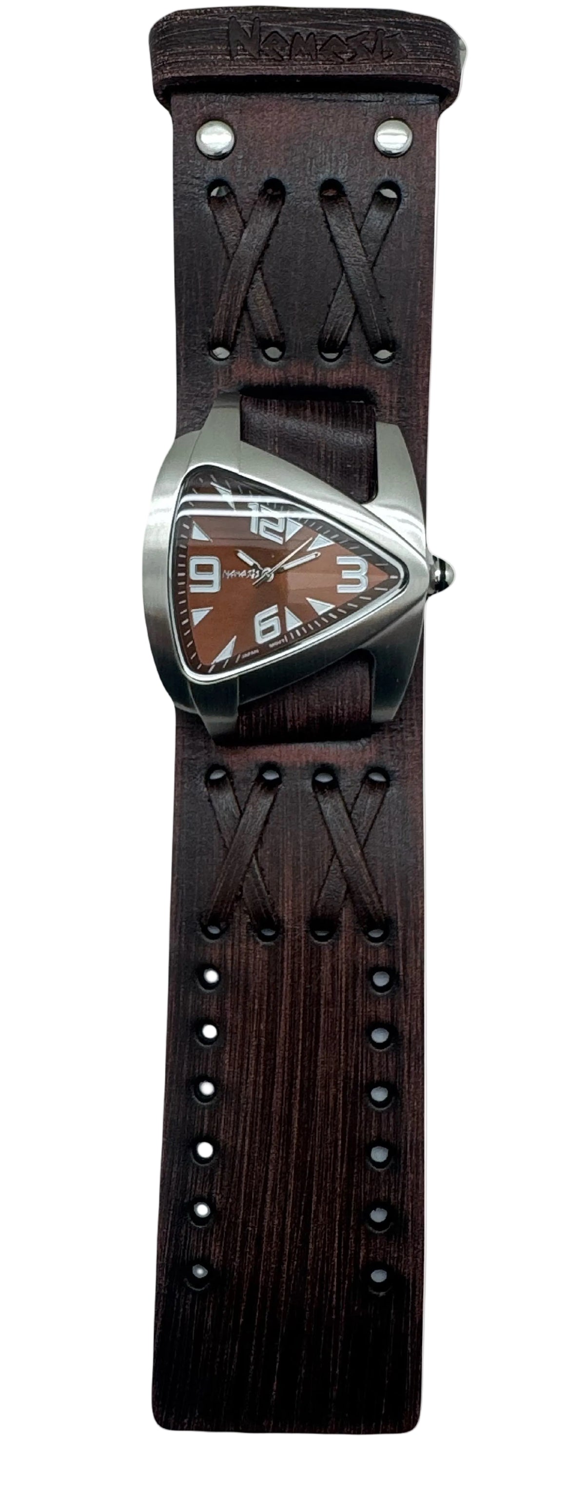 Teardrop Stainless Steel Watch with Double X Vintage Brown Leather Wide Cuff