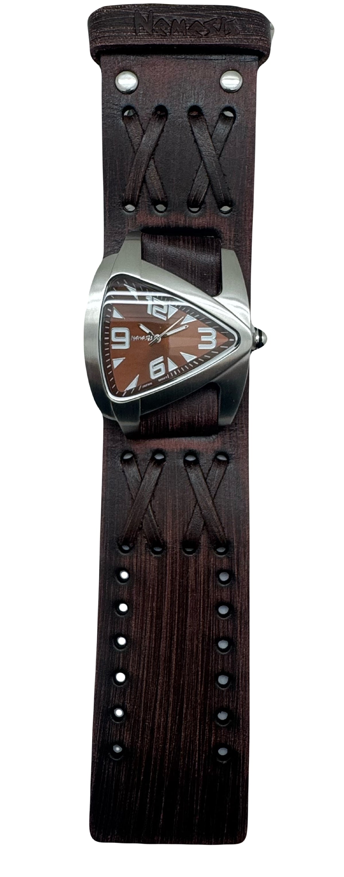 Teardrop Stainless Steel Watch with Double X Vintage Brown Leather Wide Cuff BVDX011B