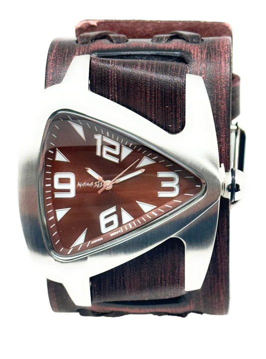 Teardrop Stainless Steel Watch with Double X Vintage Brown Leather Wide Cuff BVDX011B