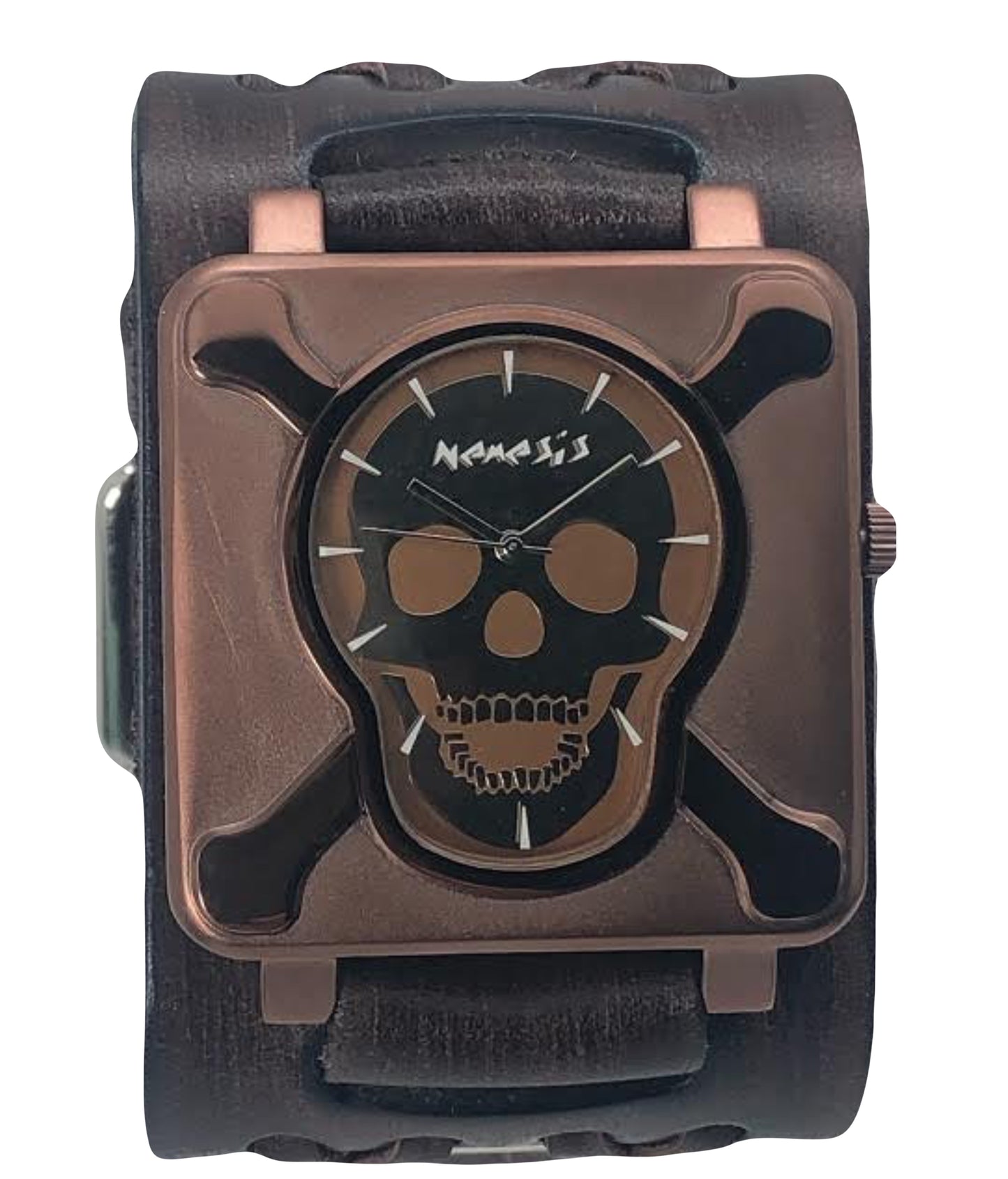 Cross Bones Skull Copper Watch with Double X Distressed Dark Brown Leather Wide Cuff BVDXB930B