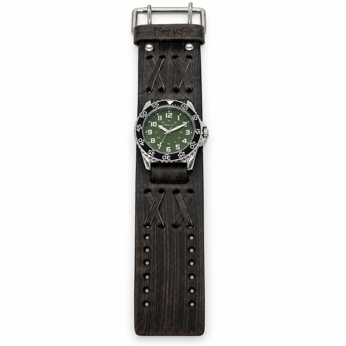 Hybrid Diver Green/White Watch with Double X Distressed Black Leather Wide Cuff VDX223G