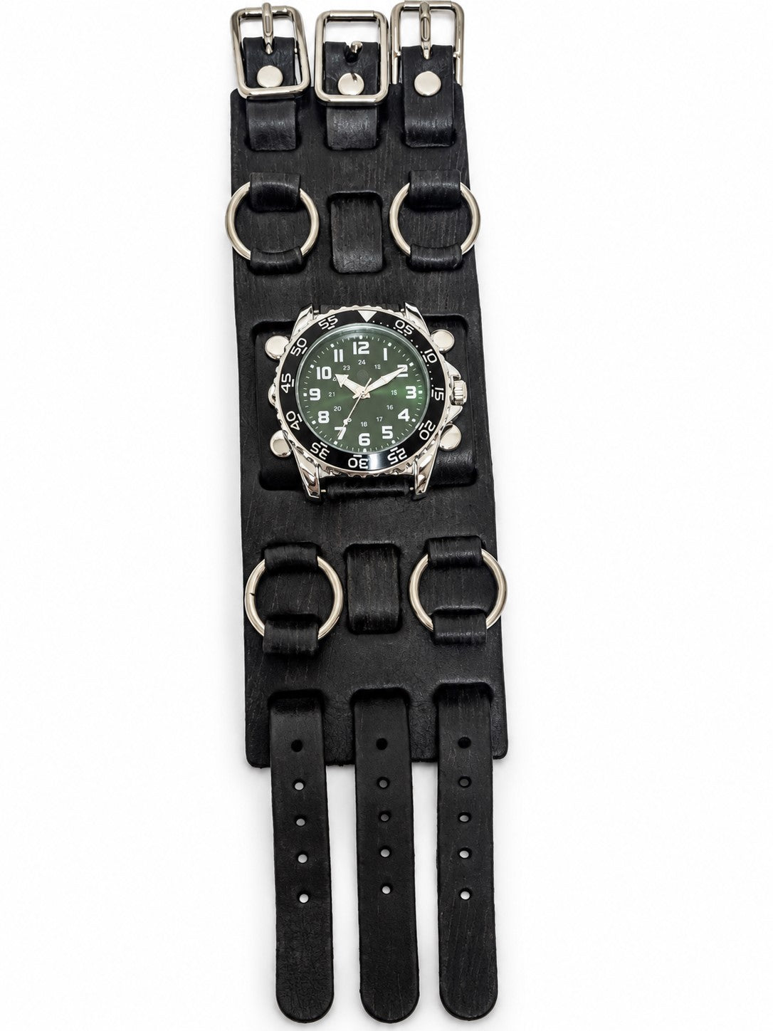 Hybrid Diver Green/White Watch with Double X Distressed Black Leather Wide band FWB257G