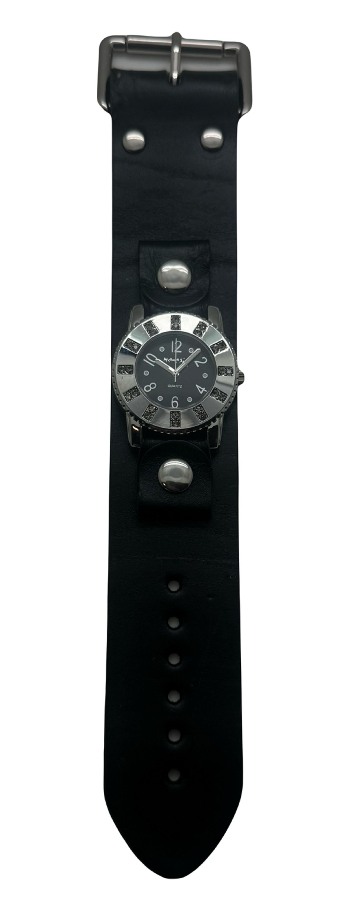 Crystal Showgirls White Ladies Watch with Black leather cuff Gb311K