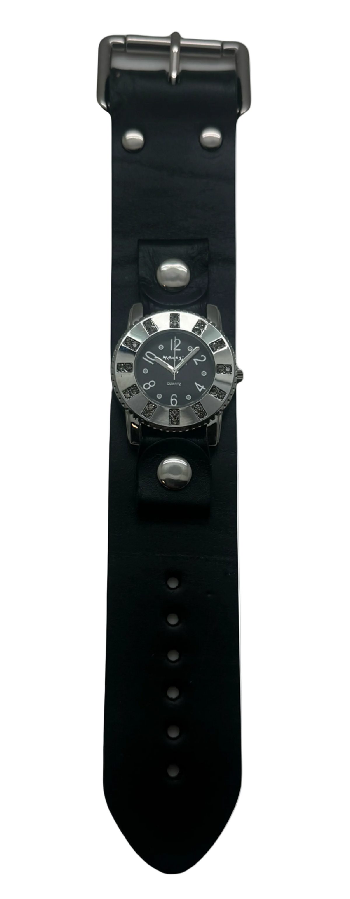 Crystal Showgirls Ladies Watch with 9 inches Black leather cuff band GB311k
