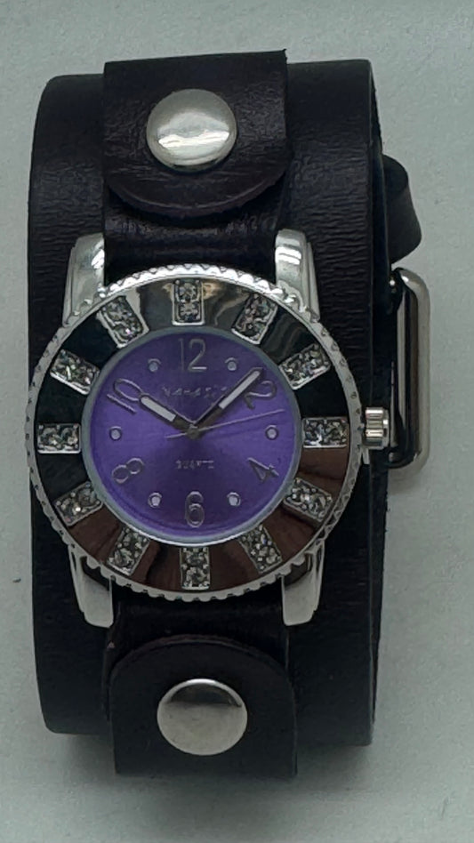 Crystal Showgirls Purple Ladies Watch with Diamond Stitched Dark purple Leather Cuff PGB311P