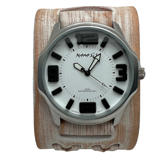 WVDX107W Embossed 3D Watch with Vintage white double x Leather Cuff band 10.5 inches long x 1.75 inches wide .
