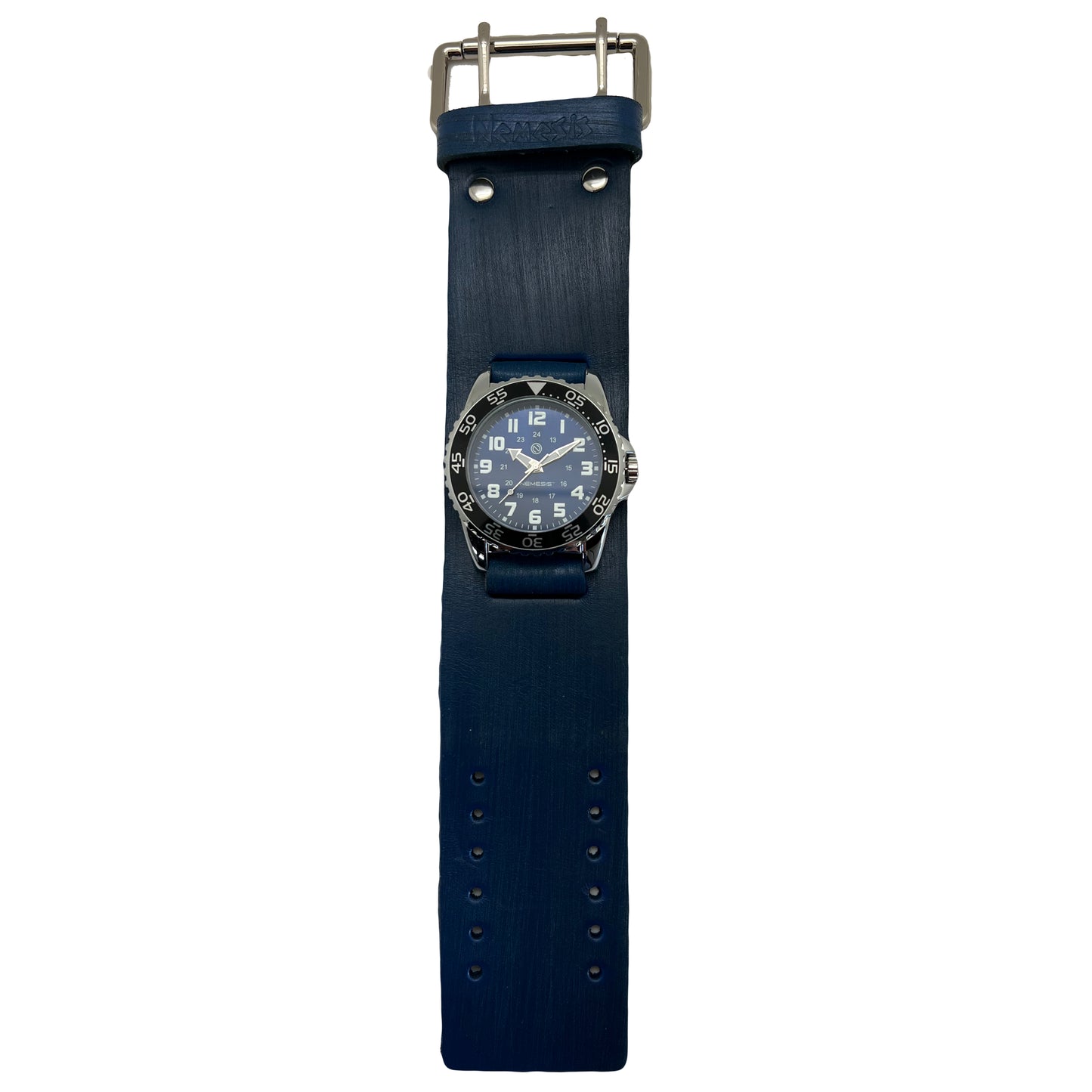Hybrid Diver Blue/White Watch with Distressed Blue Leather Wide Cuff