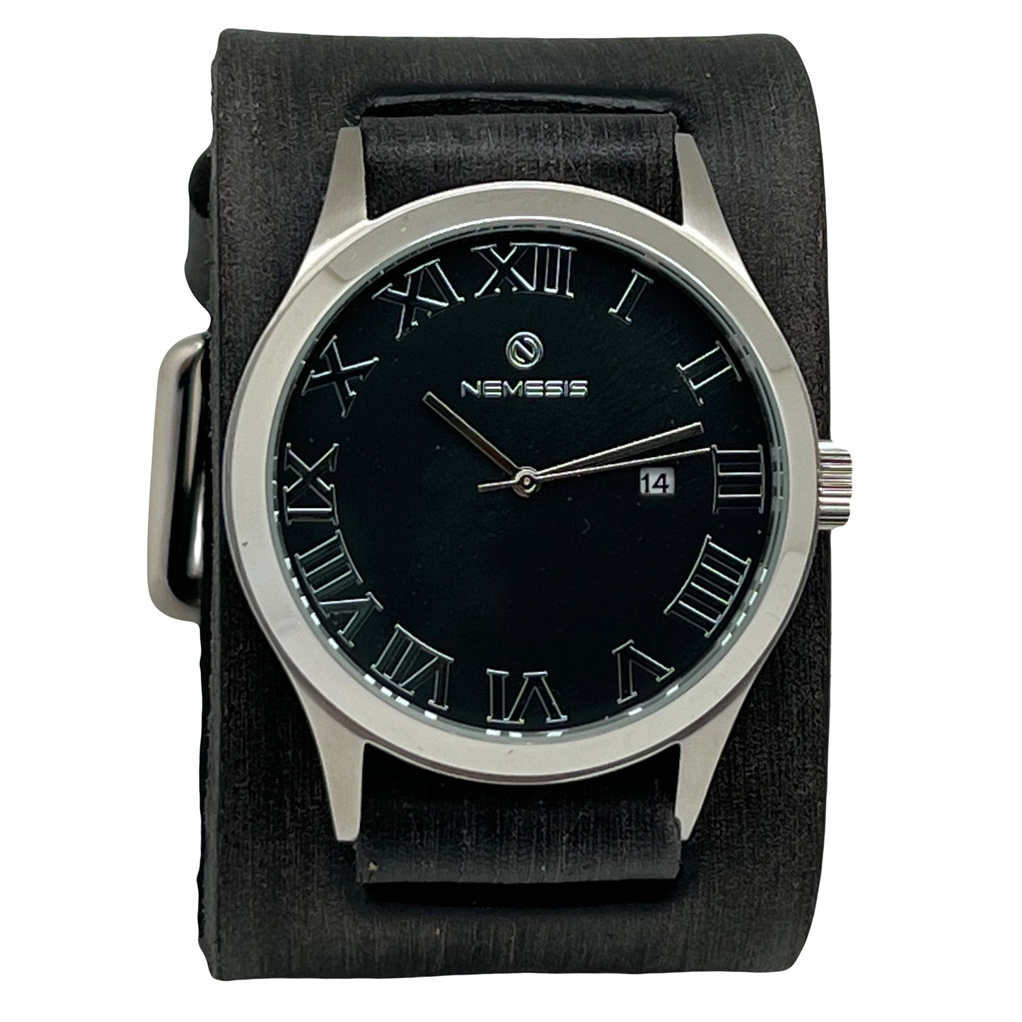 black leather cuff watch