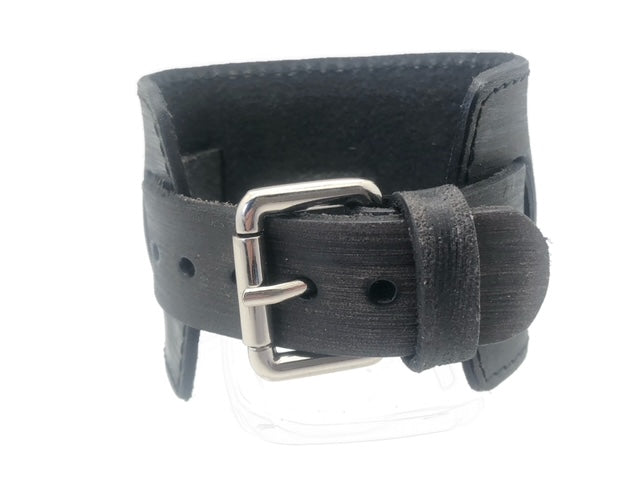 Stitched Distressed Charcoal Leather Wide Cuff