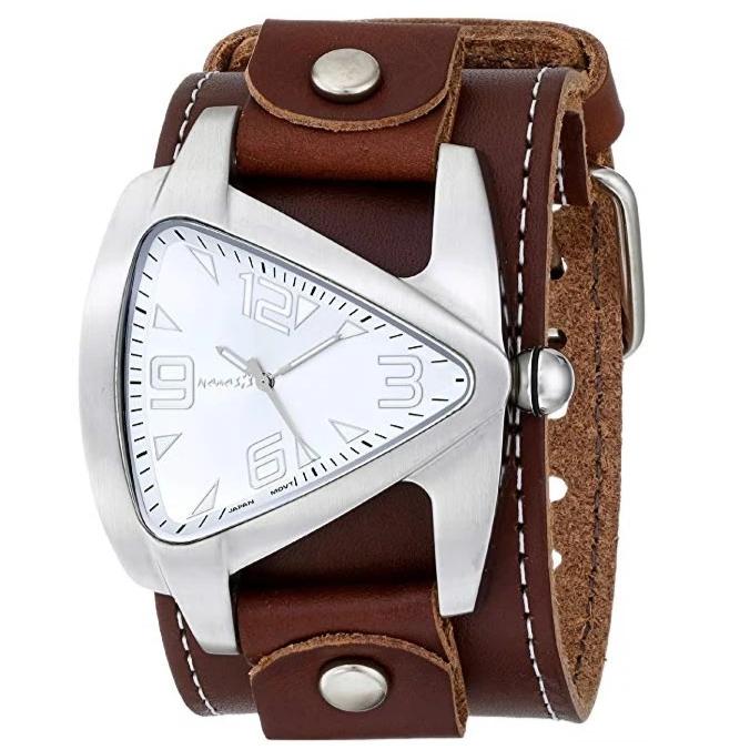 Teardrop Silver Watch with Stitched Brown Leather Wide Cuff