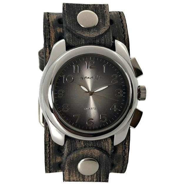 Gradient Black/Grey Watch with Distressed Brown Vintage Leather Cuff