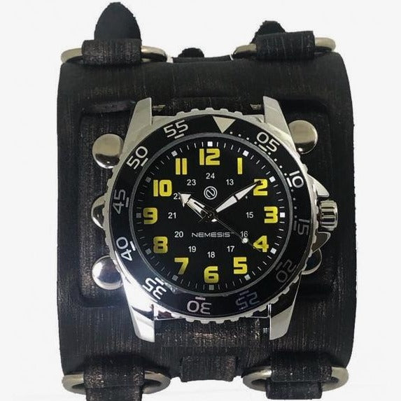 Hybrid Diver Black/Yellow Watch Bullet with Ring Distressed Charcoal Leather Triple Strap Cuff