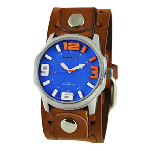 Blue Orange Embossed 3D Collection II Watch with Brown Wide Weaving Leather Cuff Band BWTK107L