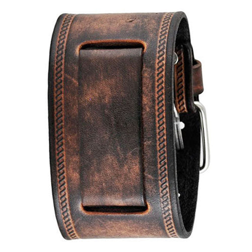 Light and Dark Brown Embossed Strip Wide Leather Watch Cuff Band 24mm BUIN