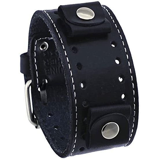 Hybrid Diver Black/White Watch White with Stitched Black Leather Wide Cuff STH257K