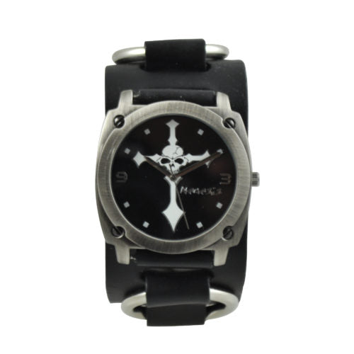 Black Skull Cross Watch with Black Leather Ring Band RB927K