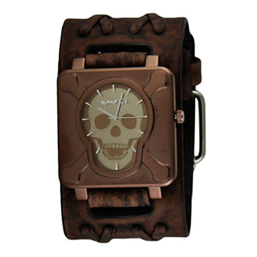 Brown Cross Bones Skull Watch with Wide Faded Brown Double X Leather Cuff Band BVDXB930B