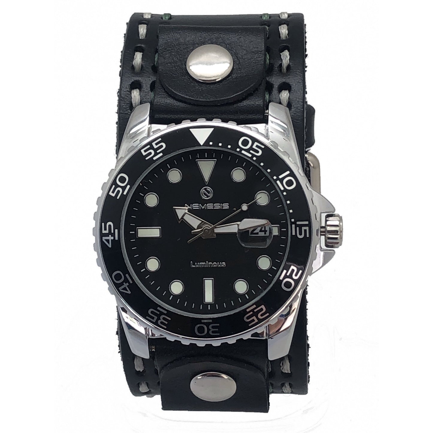 Moonwalker 8 hours super Luminous bright Black Diver with Double White/Grey Stitched Black Leather Cuff KDST277K
