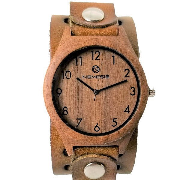 Walnut Wood Case Watch with Perforated Brown Leather Cuff