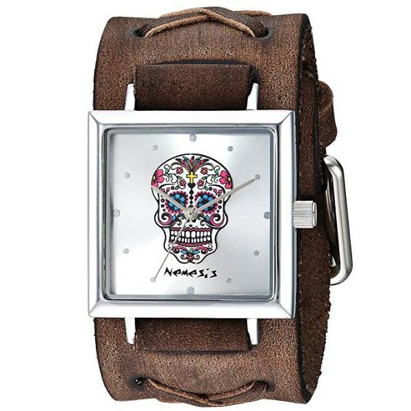 Day of The Dead Skull Gradient Silver Watch with Distressed Brown Leather Cuff BFXB955S