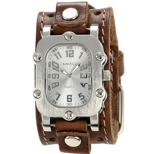 Rectangle Silver Watch with Stitched Khaki Leather Cuff