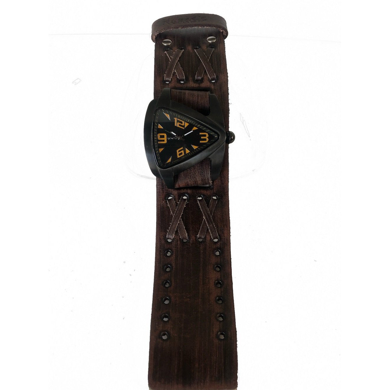 Teardrop Black Watch with Double X Distressed Dark Brown Leather Cuff