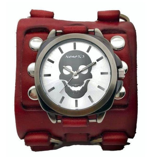 Skull Silver Watch with Studded Ring Distressed Red Leather Triple Strap Cuff
