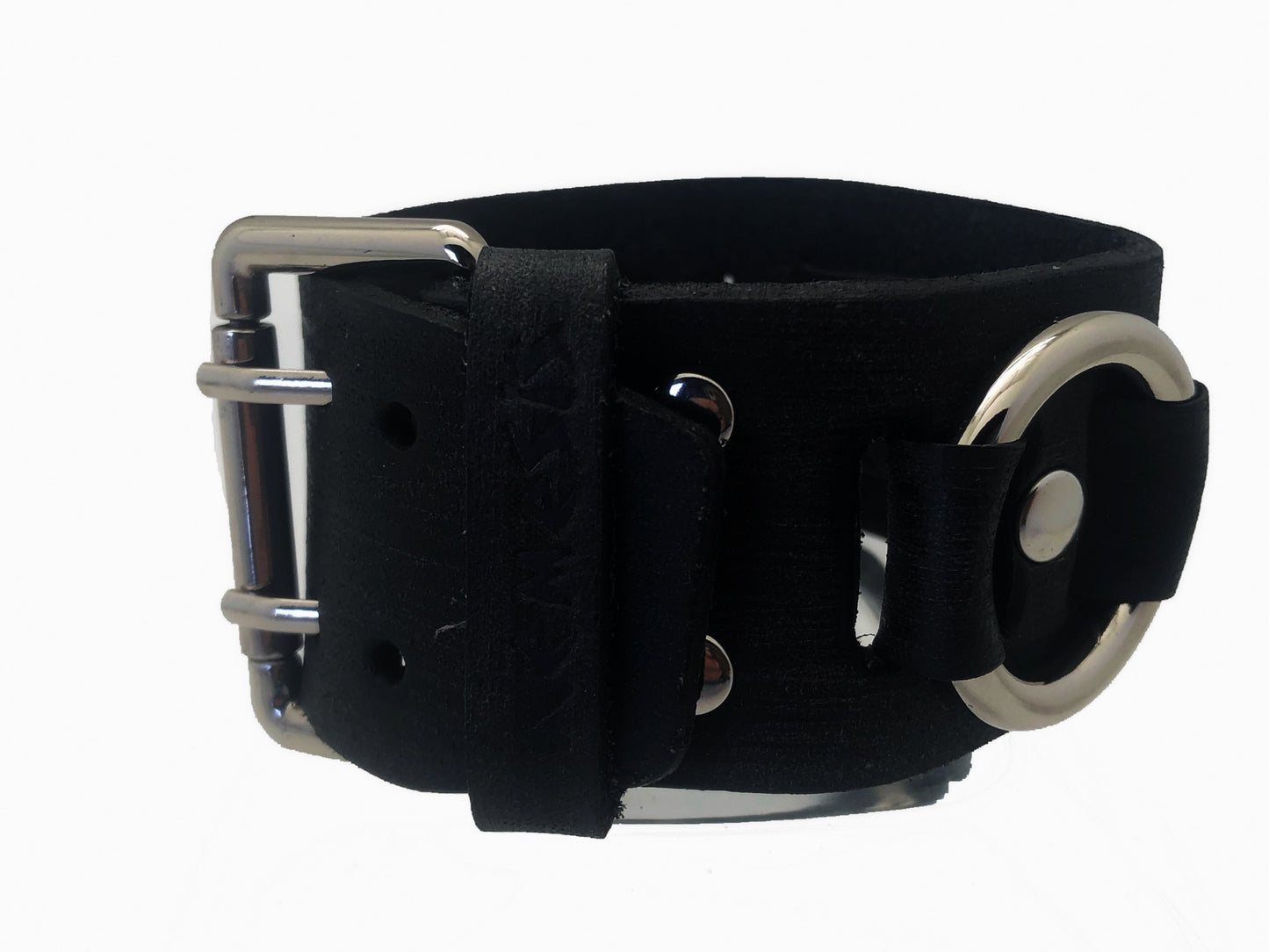 Ring Distressed Black Leather Cuff