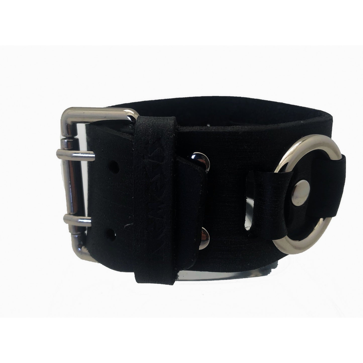 Ring Distressed Black Leather Cuff