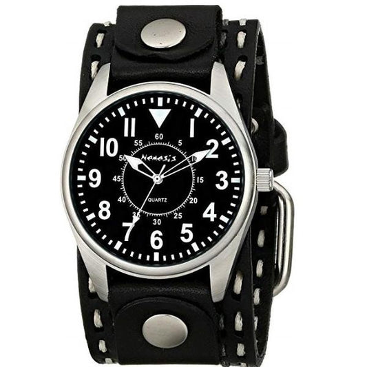 Classic Black Watch with Double White/Grey Stitched Brown Leather Cuff