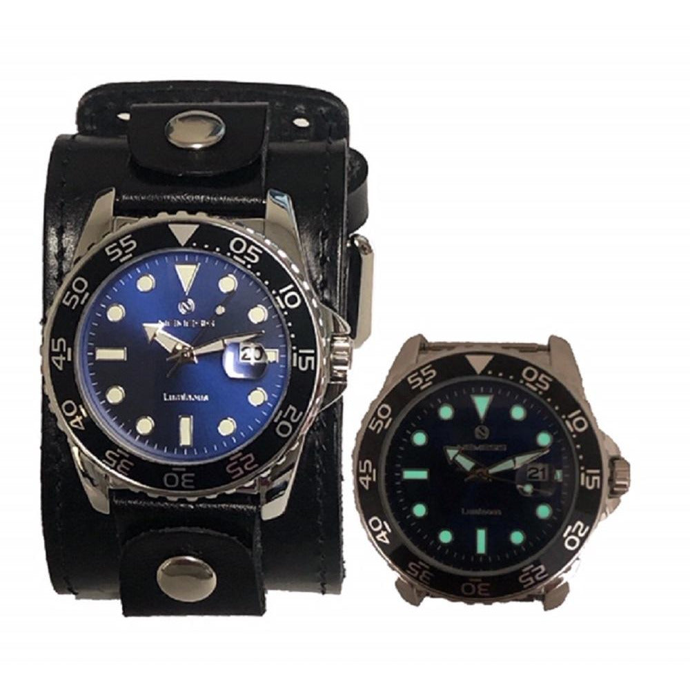 Moonwalker Luminous Blue Diver with Stitched Black Leather Cuff