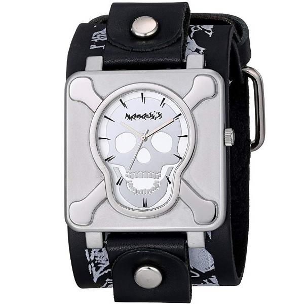 Cross Bone Skull Silver Watch with Tattoo Skull Black Leather Cuff LSK930S