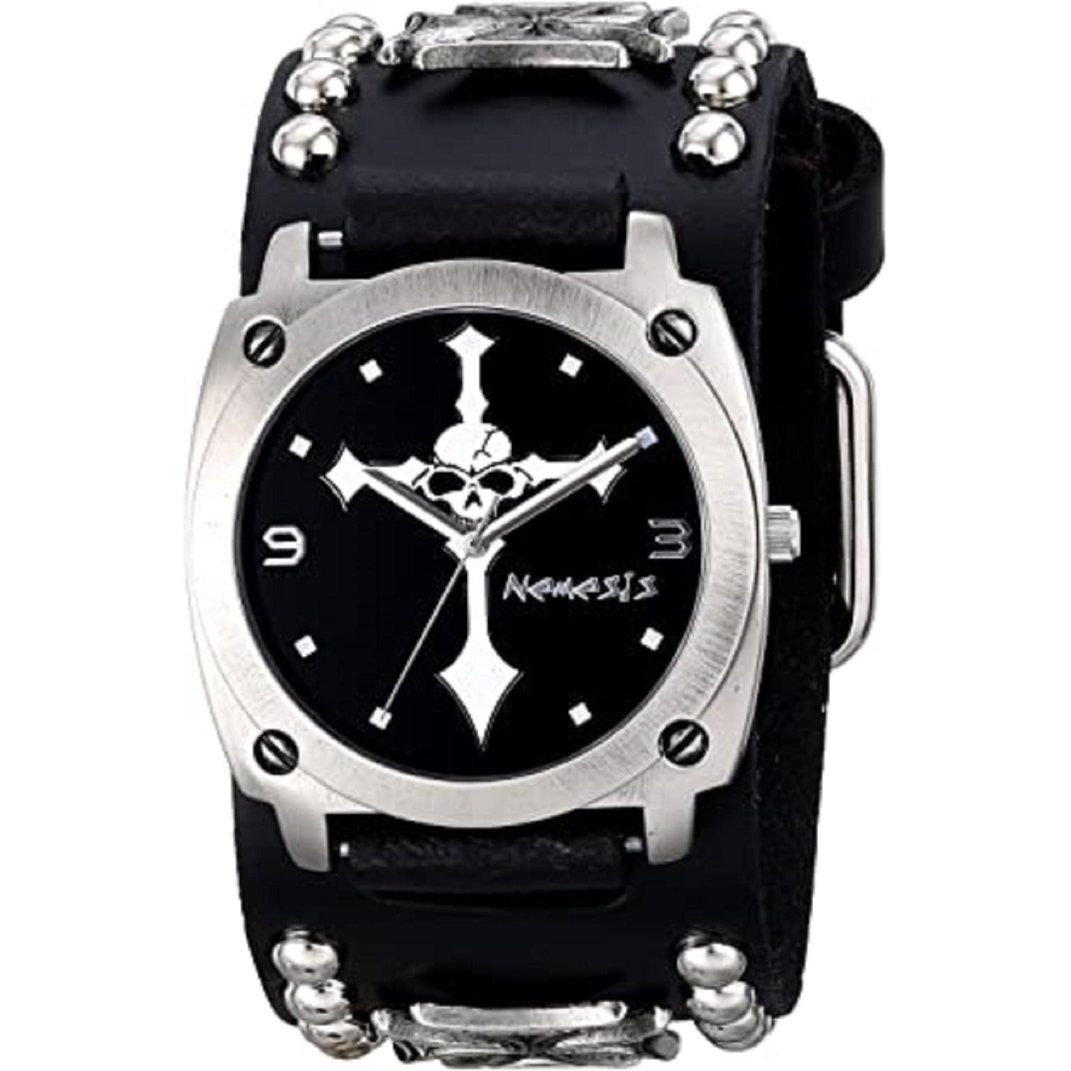 Skull Cross Black Watch with Iron Cross Studded Black Leather Cuff