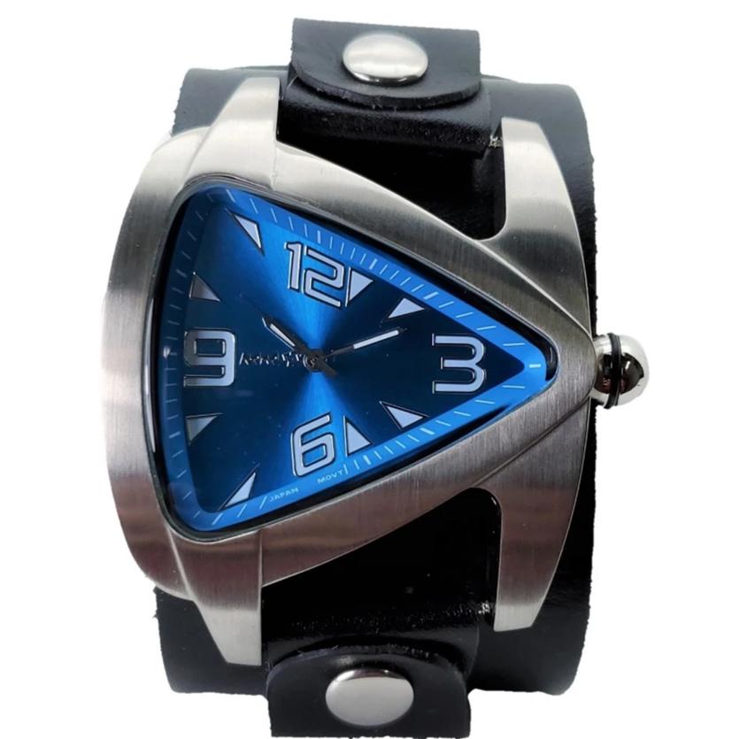 Teardrop Blue Watch with Perforated Black Leather Wide Cuff Nemesis