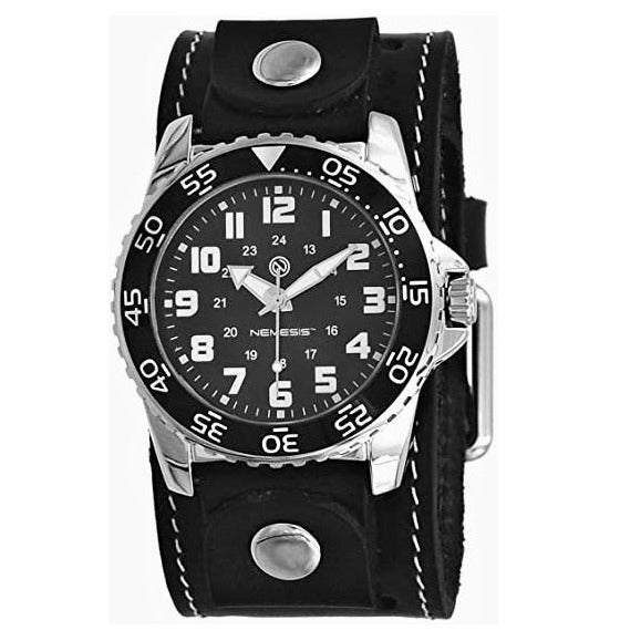 Hybrid Diver Black/White Watch White with Stitched Black Leather Wide Cuff STH257K