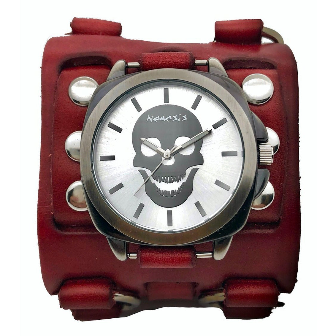 Skull Silver Watch with Studded Ring Distressed Red Leather Triple Strap Cuff