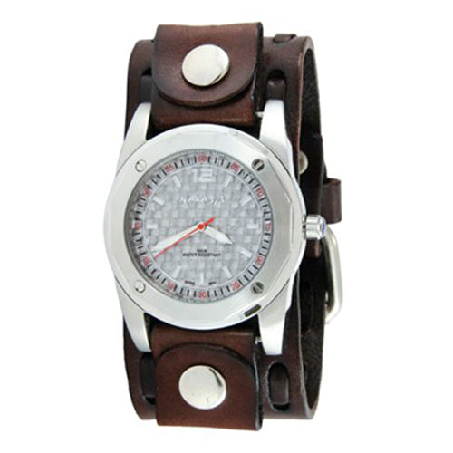 Carbon Fiber Silver Watch with Perforated Dark Brown Leather Cuff