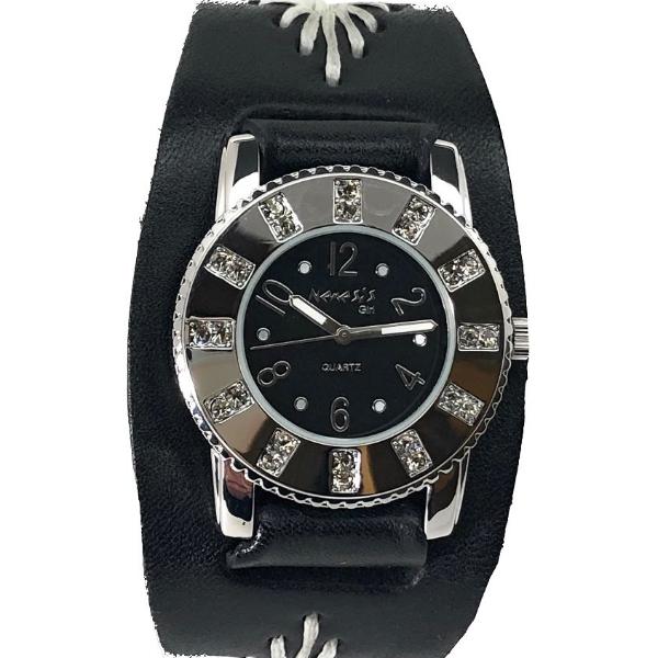 Crystal Showgirls Black Ladies Watch with Diamond Stitched Black Leather Cuff BF311K