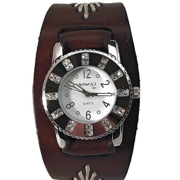 Crystal Showgirls White Ladies Watch with Diamond Stitched Dark Brown Leather Cuff BBF311W