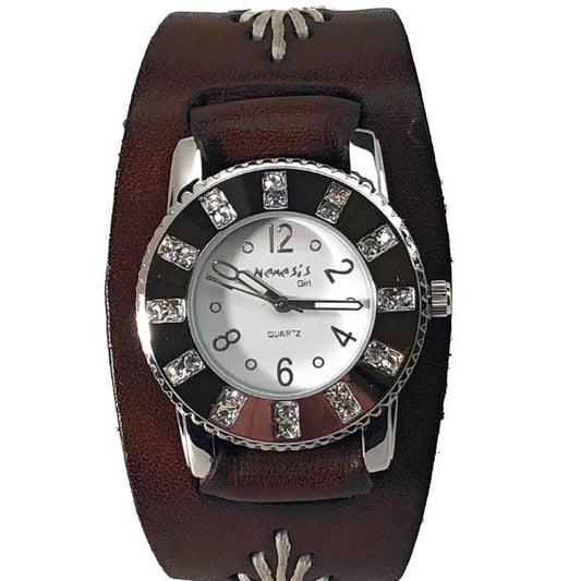 Crystal Showgirls White Ladies Watch with Diamond Stitched Dark Brown Leather Cuff BBF311W