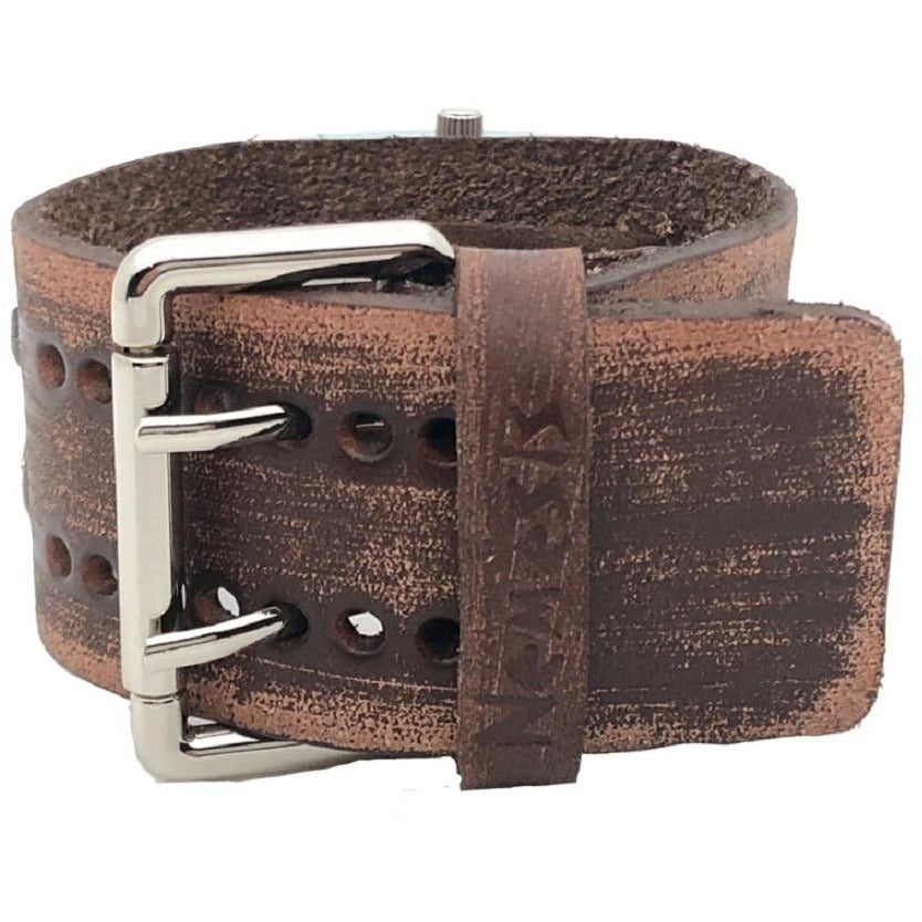 Nemesis Unix square case 3 D dial watch with Brown Vintage x cuff leather band BFXB256S