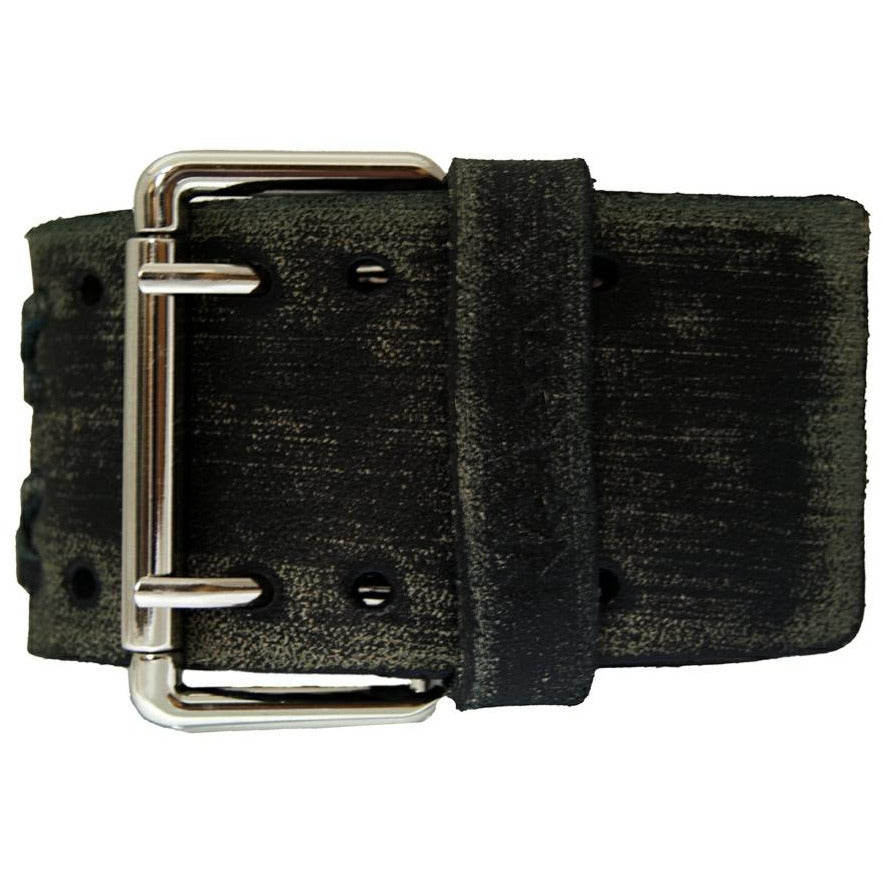 Groovy White Watch with Double X Distressed Black Leather Wide Cuff VDXB097W