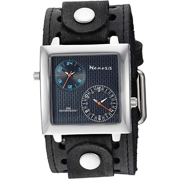 Dual Time SQ Black/Blue Watch with Perforated Black Leather Cuff