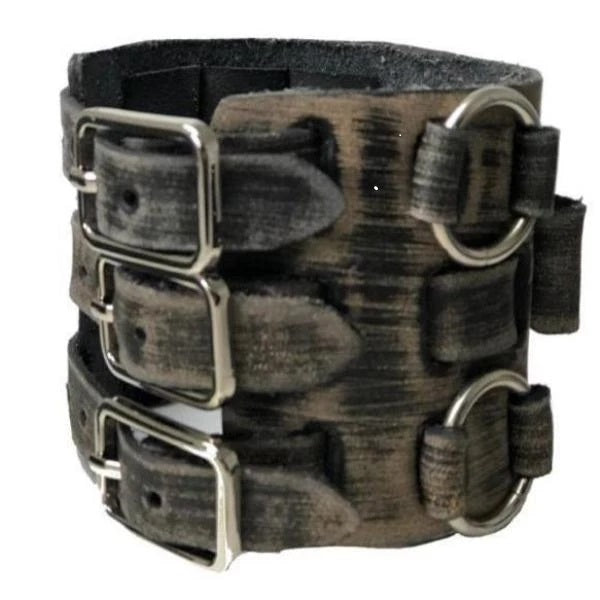 Silver Dragon Gunmetal Black Watch with Double Ring Distressed Brown Leather Triple Strap Cuff