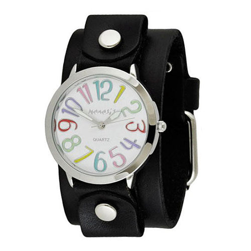 White Multi-Colored Numbers Always Summer Ladies Watch with Junior Size Black Leather Cuff Band GB108M