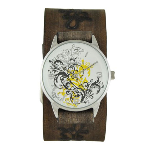 Yellow Plant Art Watch with Faded Dark Brown Embossed Flower Design Leather Cuff Band DBVFB827Y