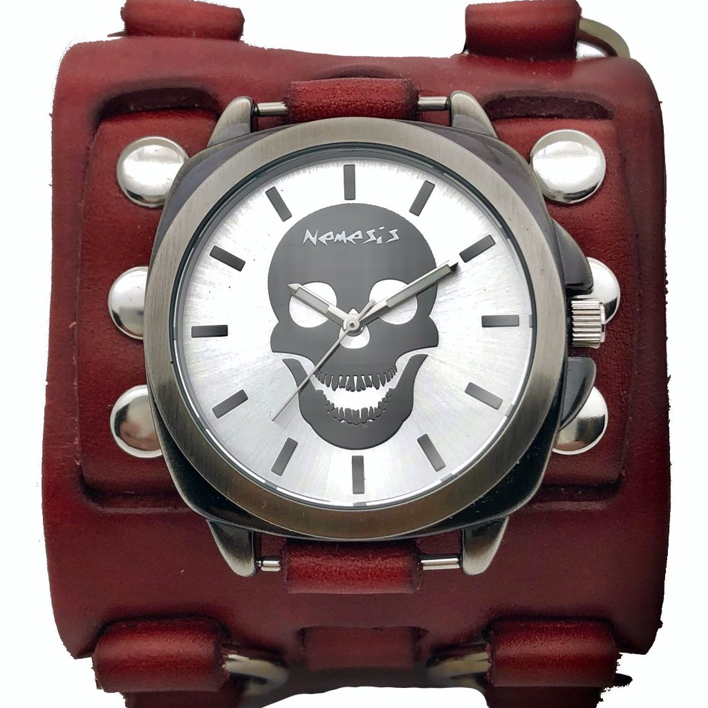 Skull Silver Watch with Studded Ring Distressed Red Leather Triple Strap Cuff