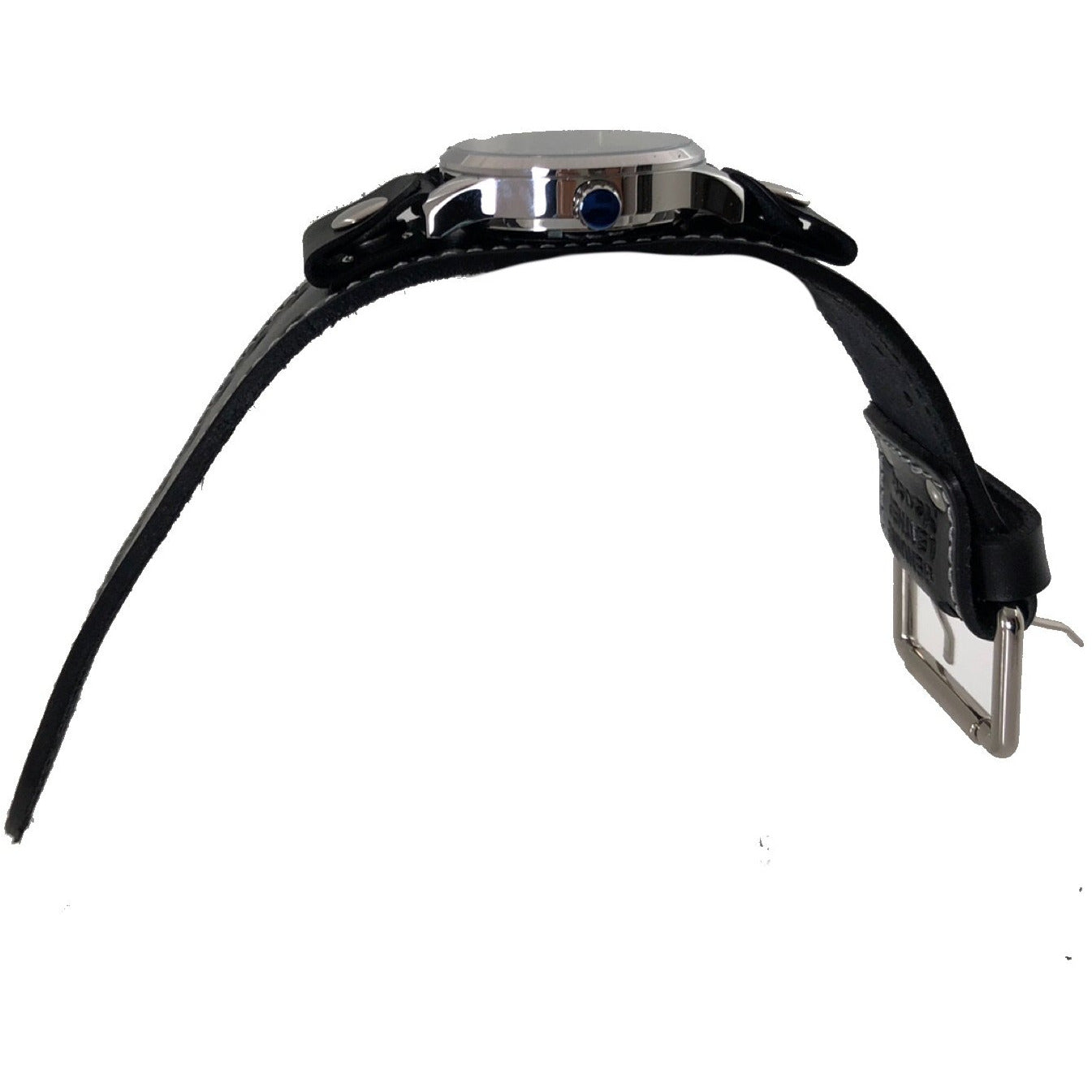 Tourbillon Day/Night Blue and White Hand Watch with Perforated Black Leather Cuff