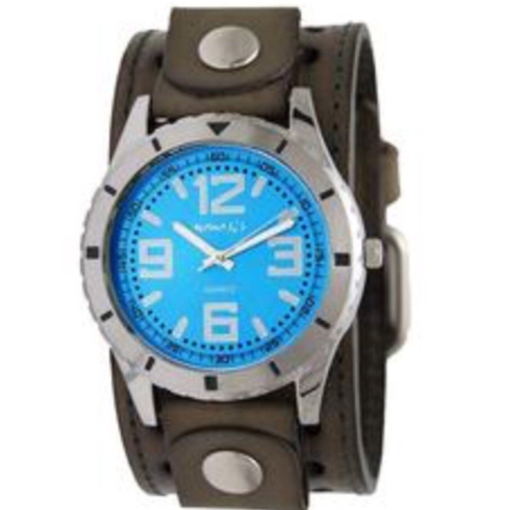 Sporty Racing Blue Watch with Stitched Perforated Distressed Olive Leather Cuff