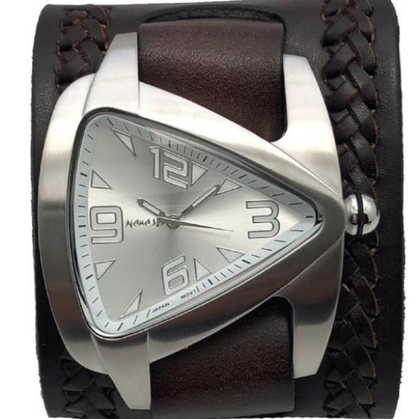 Teardrop Silver Watch with Weaved Black Leather Wide Cuff